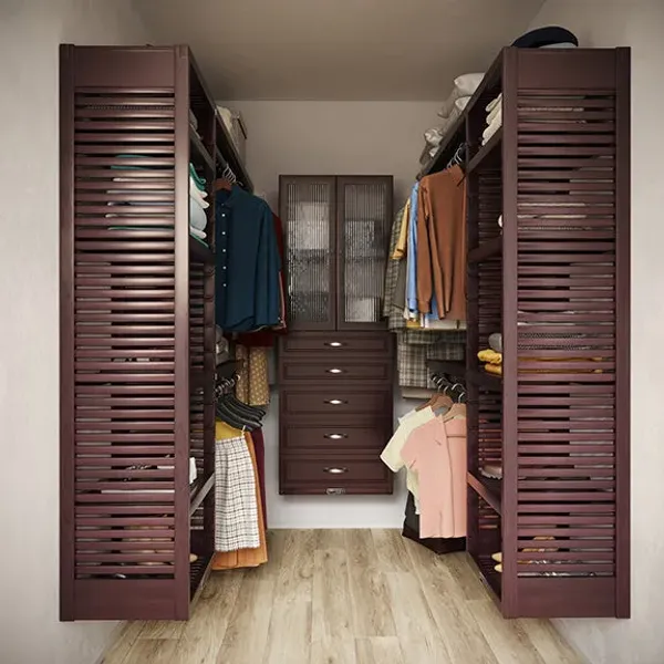 9ft x 8ft Solid Wood U Shaped Walk-in Closet Organizer with Drawers & Doors