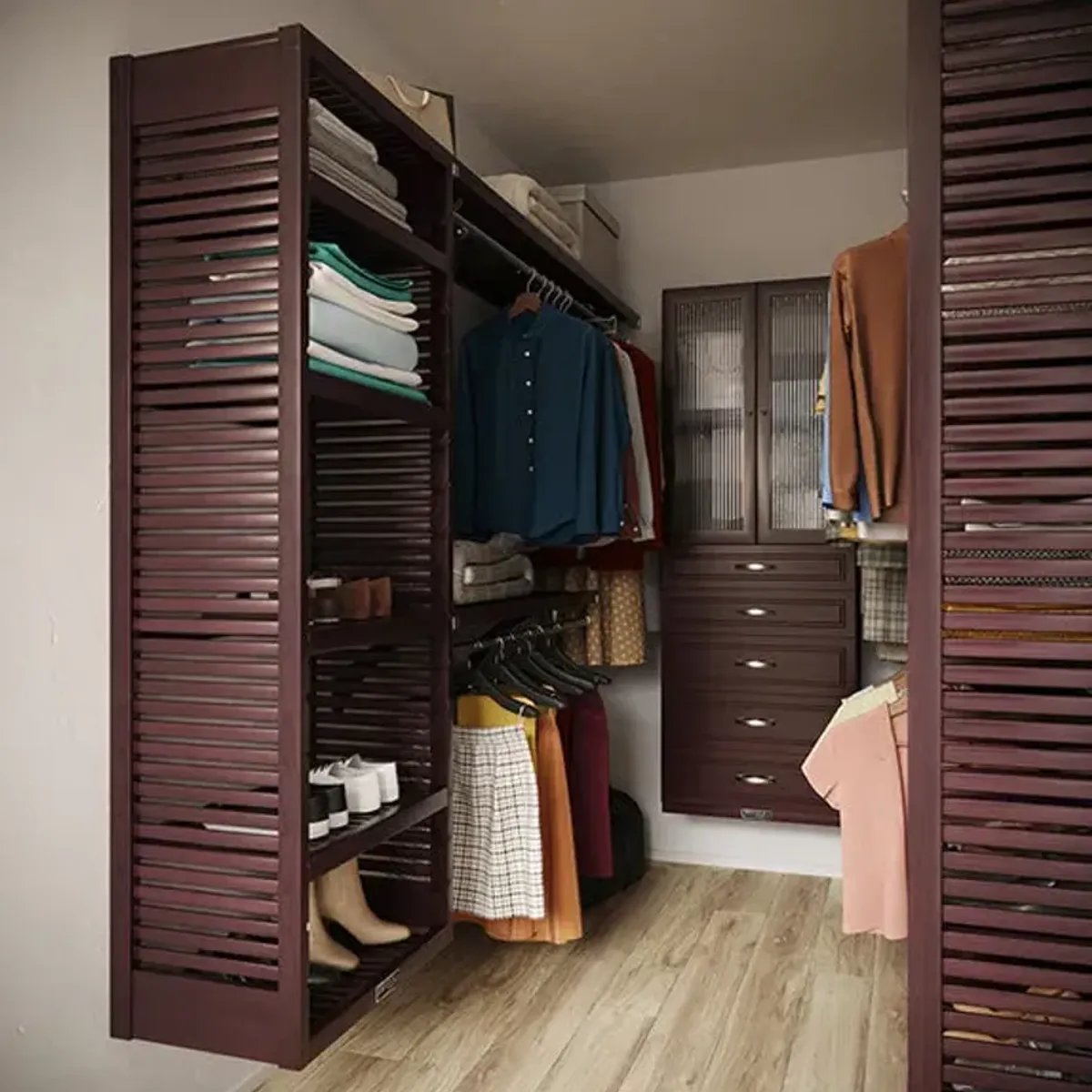 9ft x 8ft Solid Wood U Shaped Walk-in Closet Organizer with Drawers & Doors