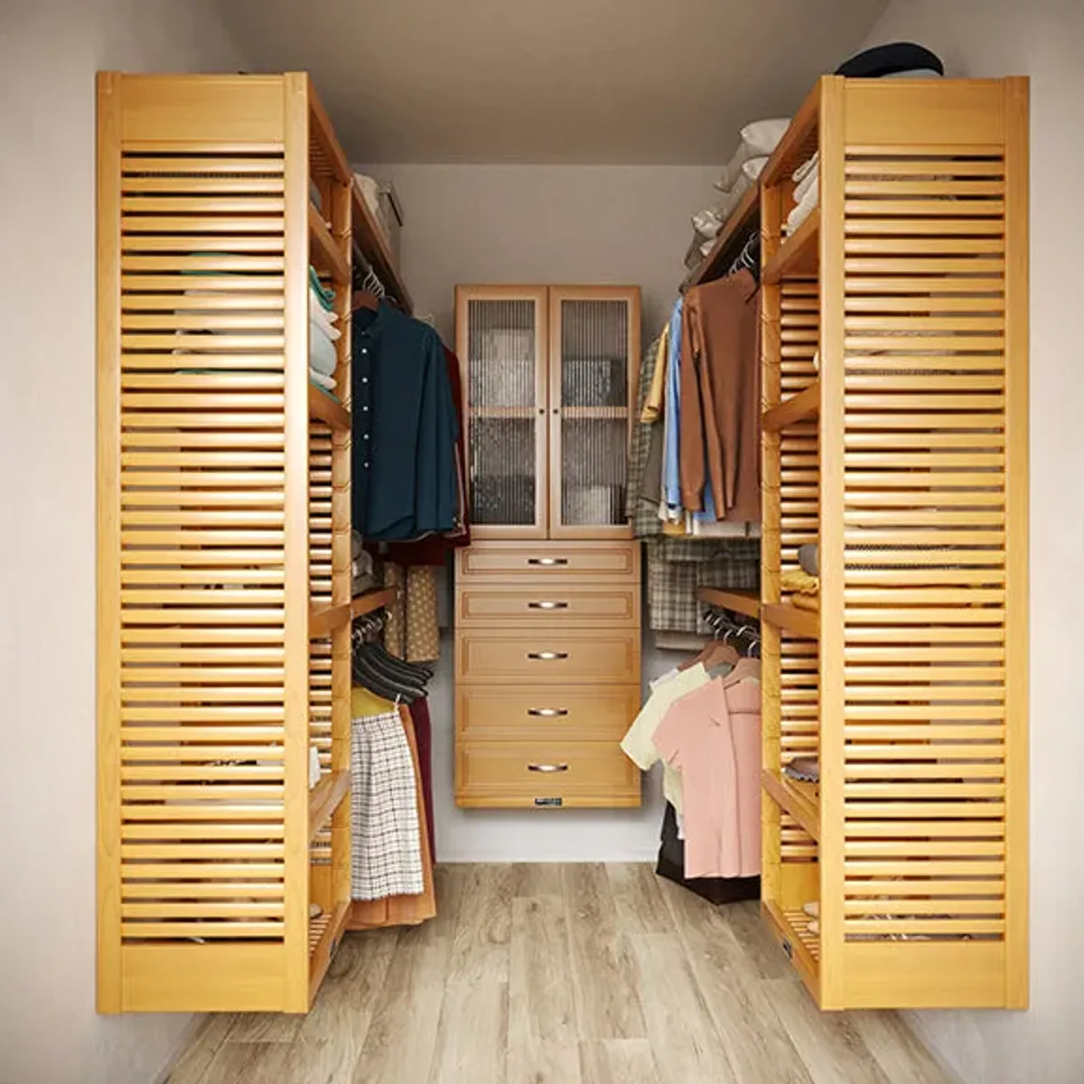 9ft x 8ft Solid Wood U Shaped Walk-in Closet Organizer with Drawers & Doors