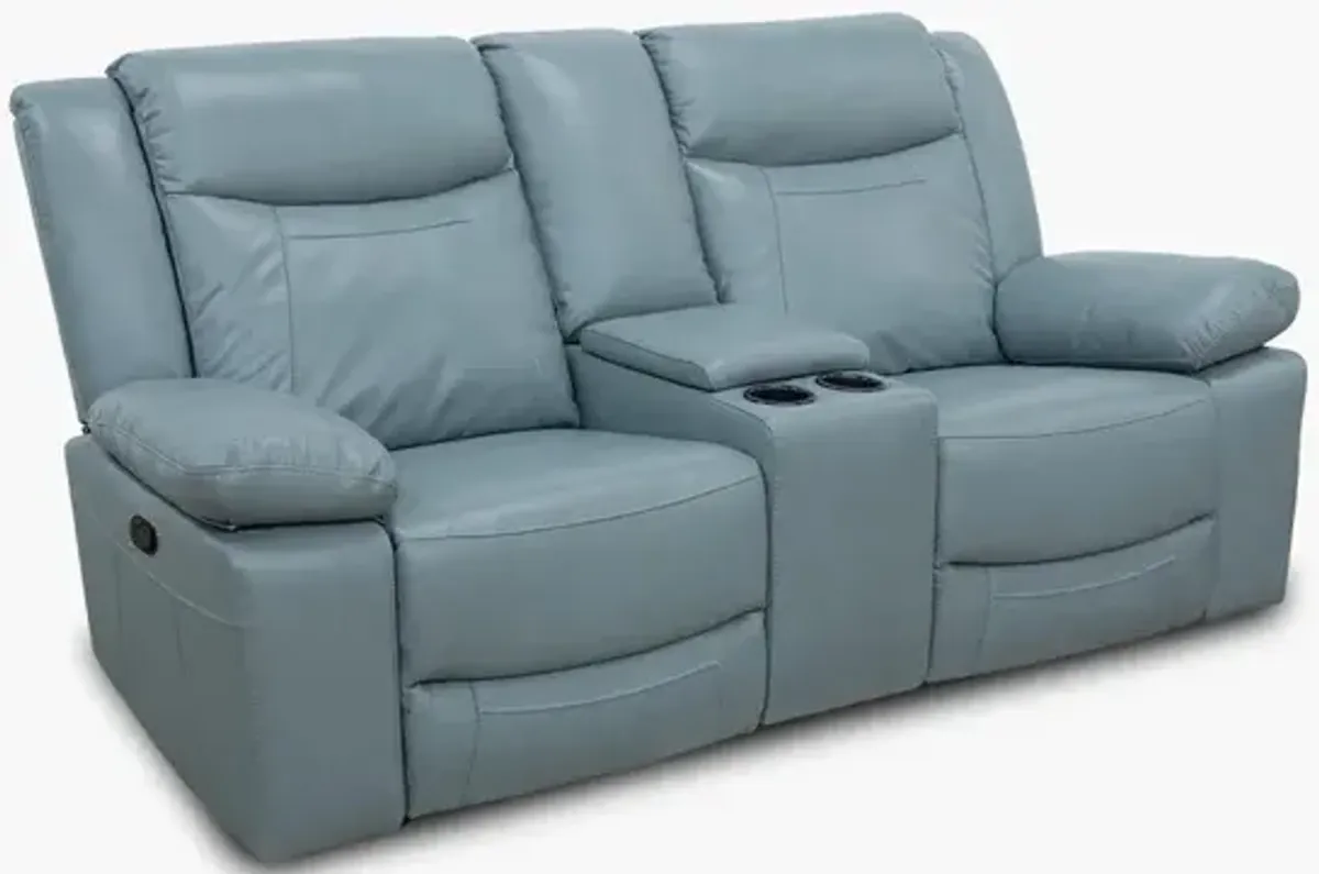 Dallas Teal Leather Reclining Console Loveseat