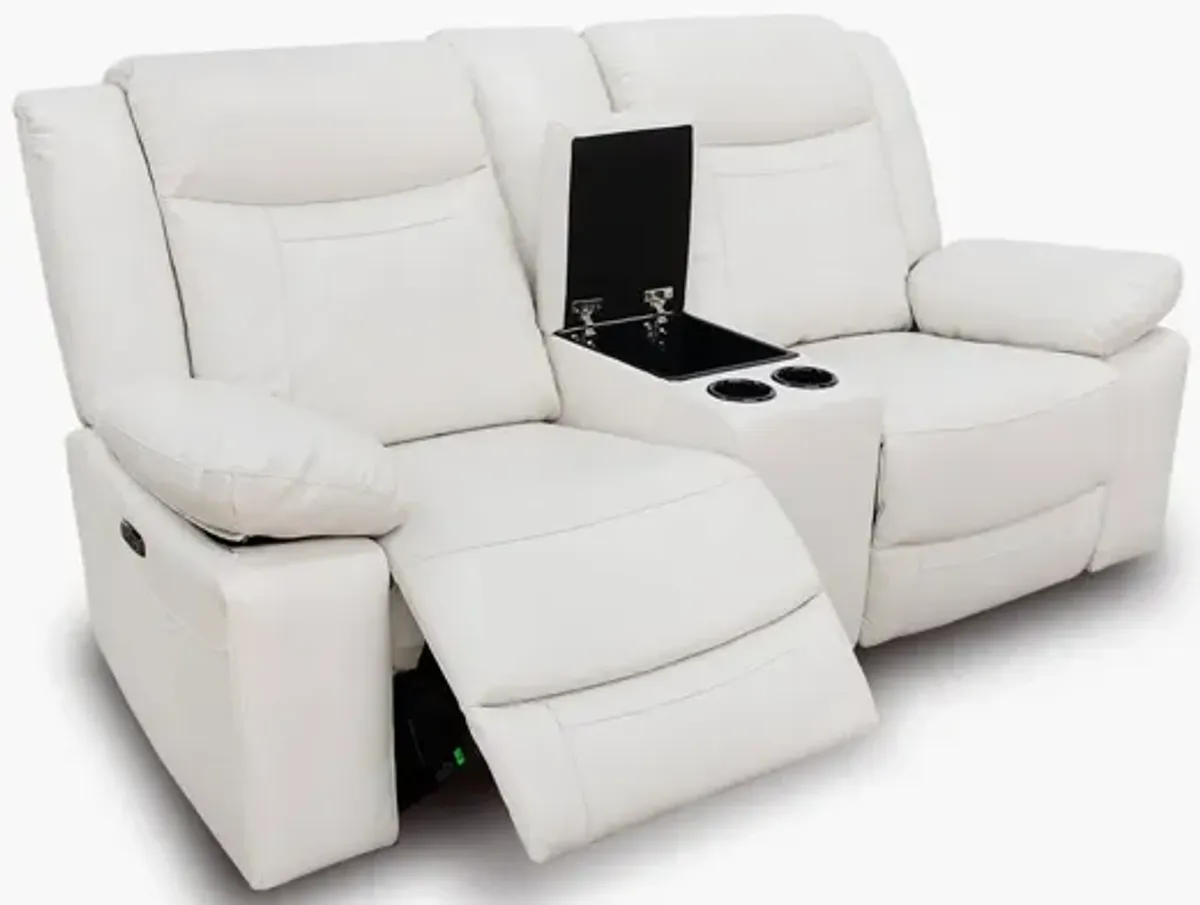 Dallas Ivory Leather Reclining Console Loveseat