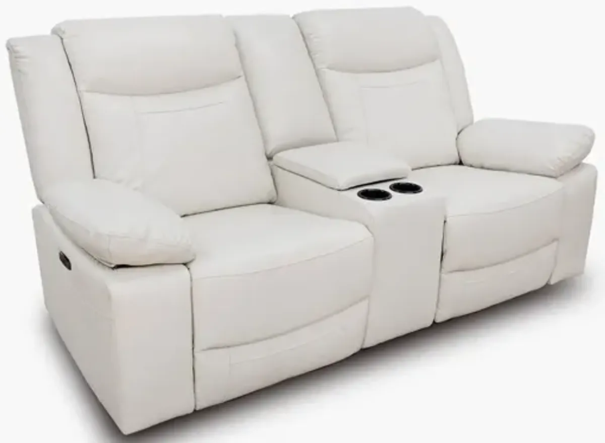 Dallas Ivory Leather Reclining Console Loveseat