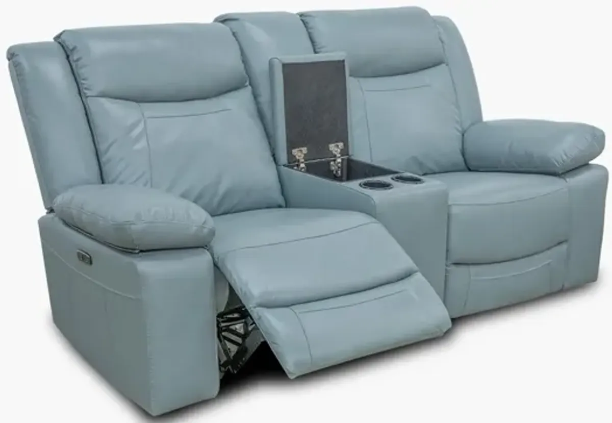 Dallas Teal Leather Dual Power Console Loveseat