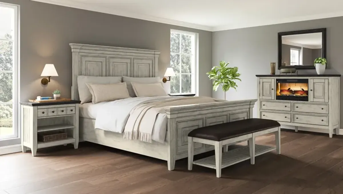 Farm House White 5 Piece Queen Fireplace Bedroom