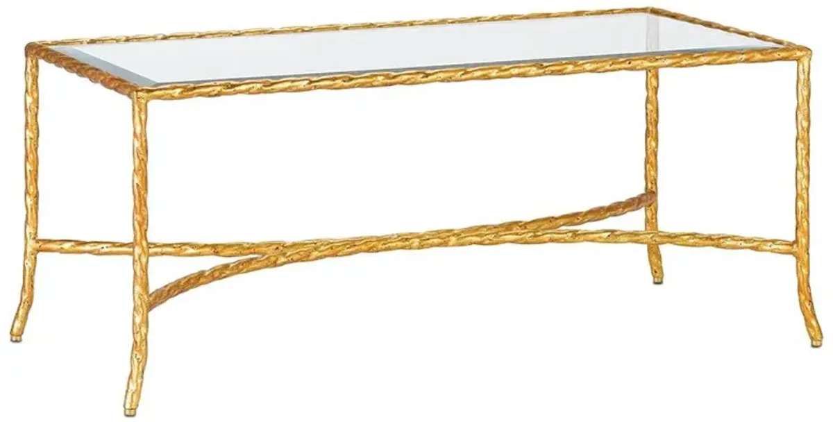 Gilt Twist French Deco Antique Gold Leaf Glass Rectangular Coffee Table