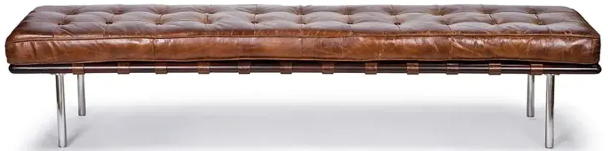 Vintage Mid Century Tufted Brown Leather Bench