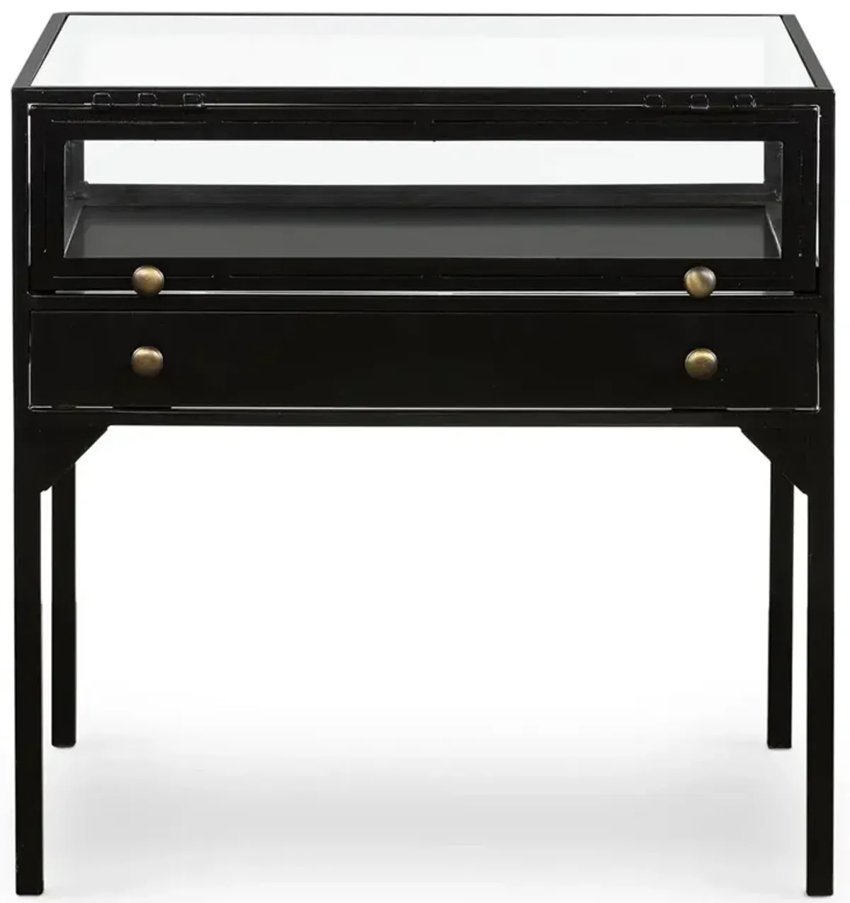 Katren Industrial Loft Black Metal Rim Clear Glass Top Square End Table