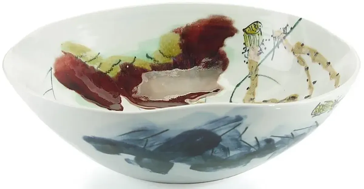 John-Richard Juliana Modern Classic Maroon Blue Green Porcelain Bowl - 16.5 Inch