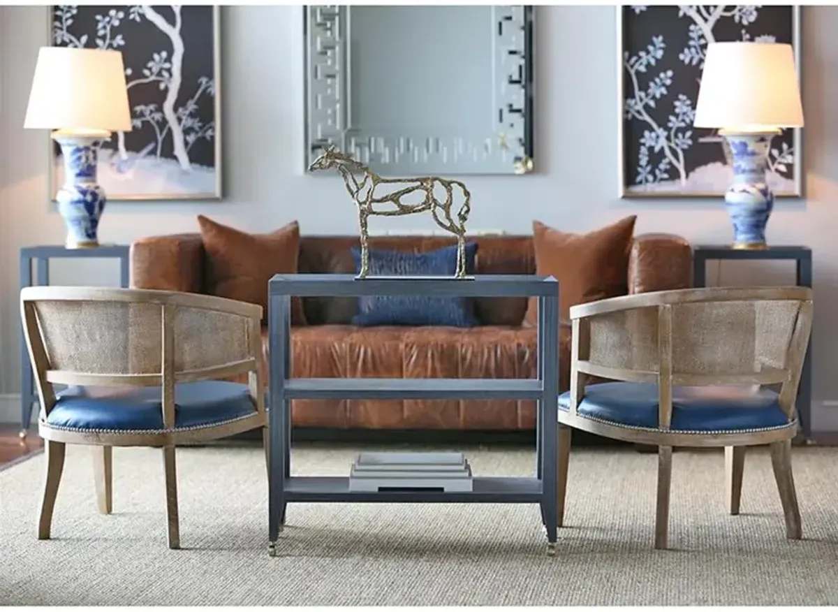 Isadora Navy Blue Grasscloth Brass Casters 3 Tier Rolling Console