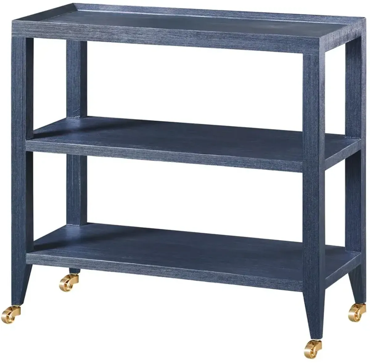 Isadora Navy Blue Grasscloth Brass Casters 3 Tier Rolling Console