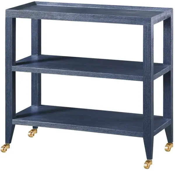 Isadora Navy Blue Grasscloth Brass Casters 3 Tier Rolling Console