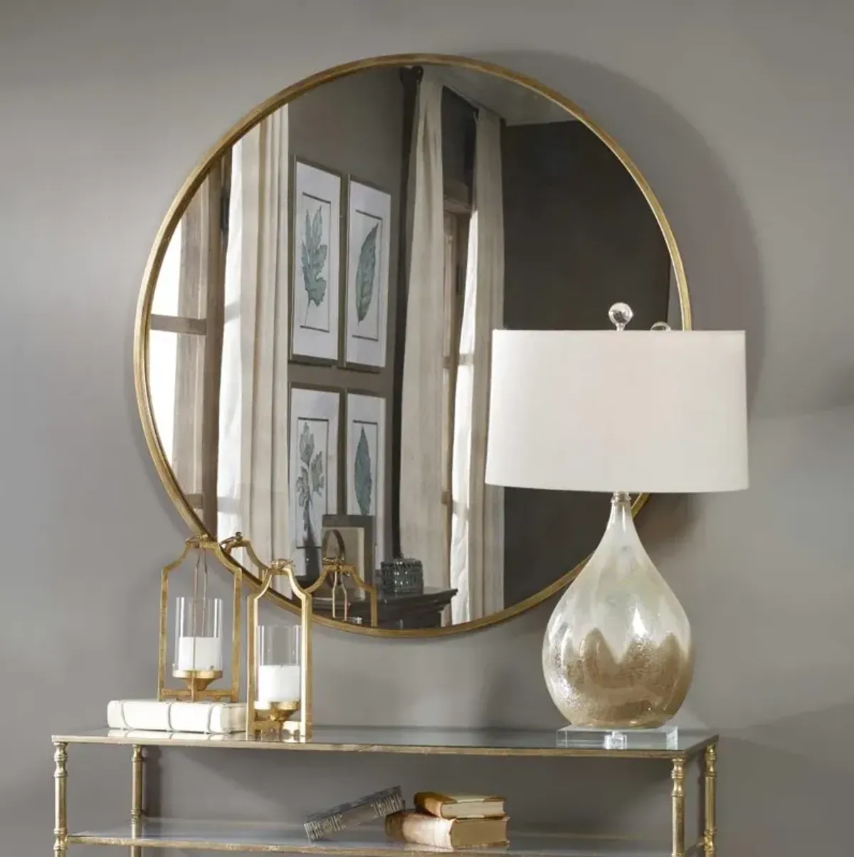 Remi Hollywood Regency Antique Gold Narrow Ring Round Wall Mirror - 43D