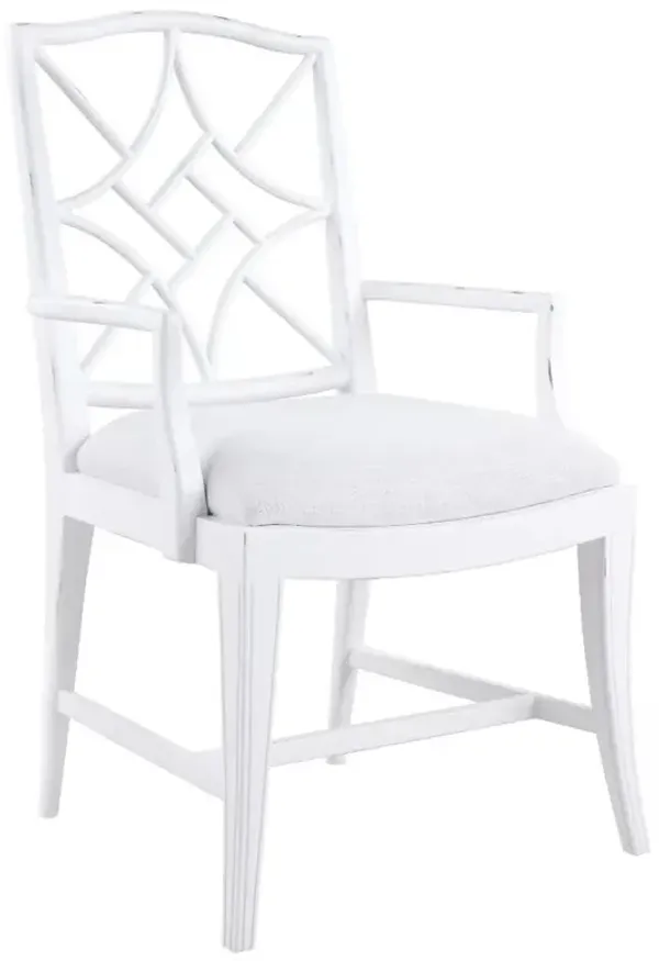 Evelyn French Country Cream Linen Distressed Eggshell Wood Dining Arm Chair