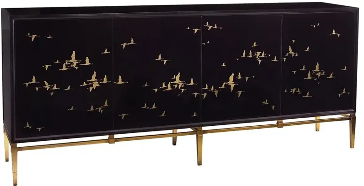 John-Richard Geraldine Regency Black Glass Gold Bird Credenza Sideboard