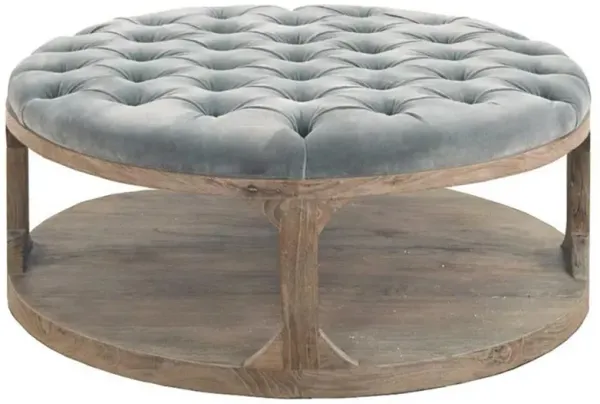 Marie French Country Round Grey Blue Velvet Tufted Wood Round Cocktail Ottoman