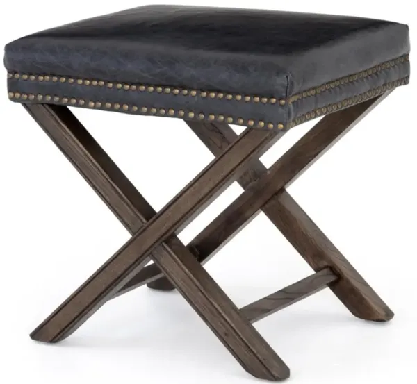 Remy Mid Century Modern Black Leather Solid Wood Nailhead Trim Square Stool