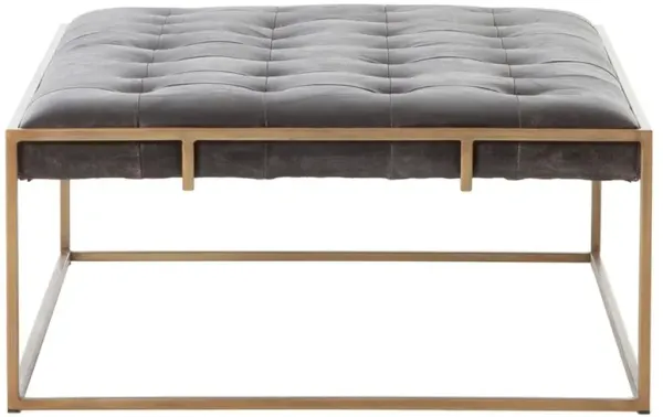 Ulysses Black Upholstered Leather Brass Iron Tufted Rectangular Coffee Table - Small
