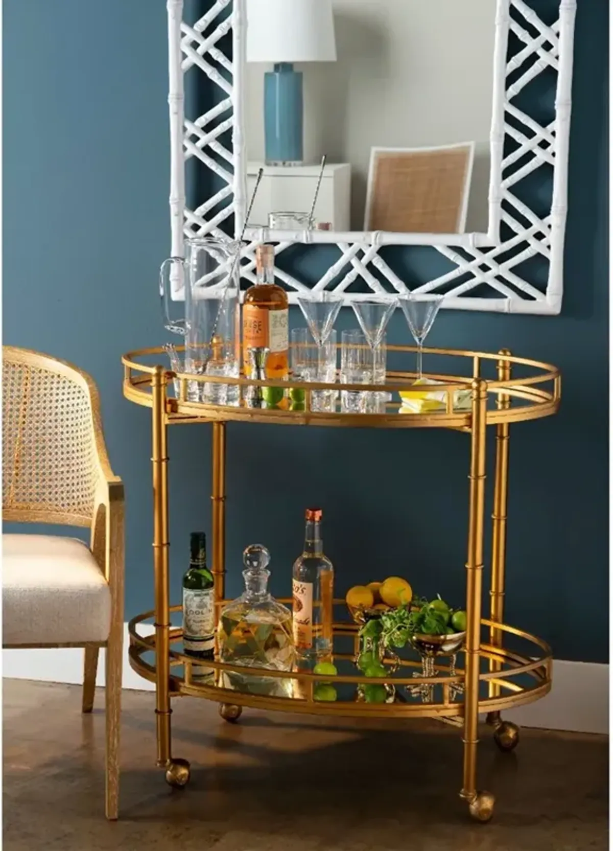 Normandy Modern Classic Gold Leaf Metal Clear Glass Bar Cart