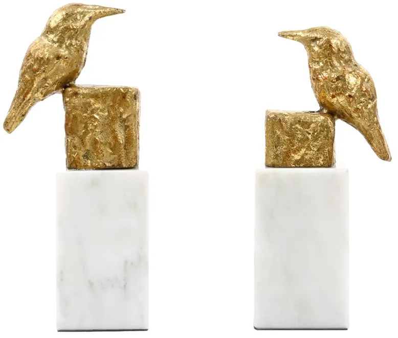 Finch French Country White Marble Gold Leaf Metal Finch Figurine - Set of 2