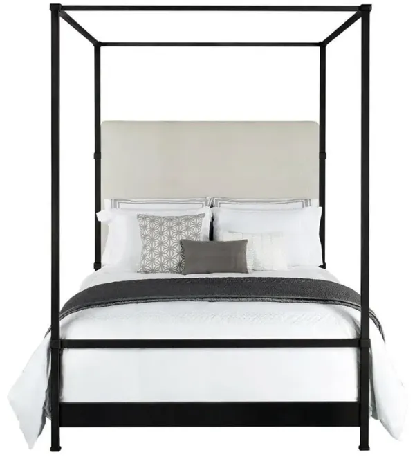 Quade Sugarshack Pearl Performance Upholstered Matte Black Iron Canopy Bed - Queen