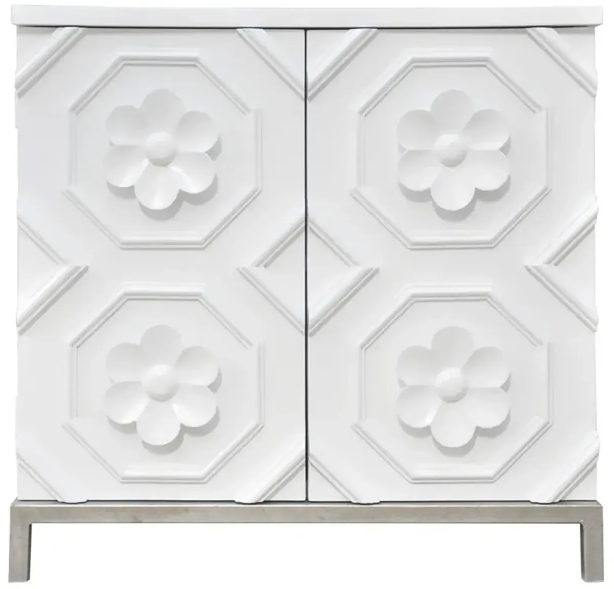 Tyrol Modern White Hardwood Flower Detail 2 Door Nightstand
