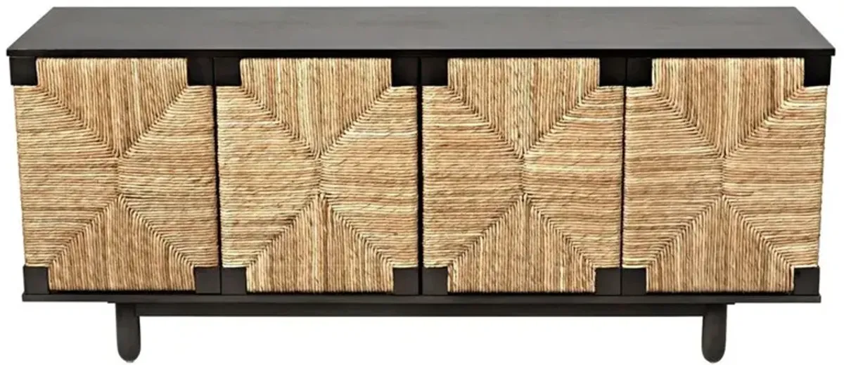 Nivara Mid Century Brown Rush Seagrass Mahogany 4 Door Sideboard