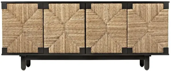 Nivara Mid Century Brown Rush Seagrass Mahogany 4 Door Sideboard