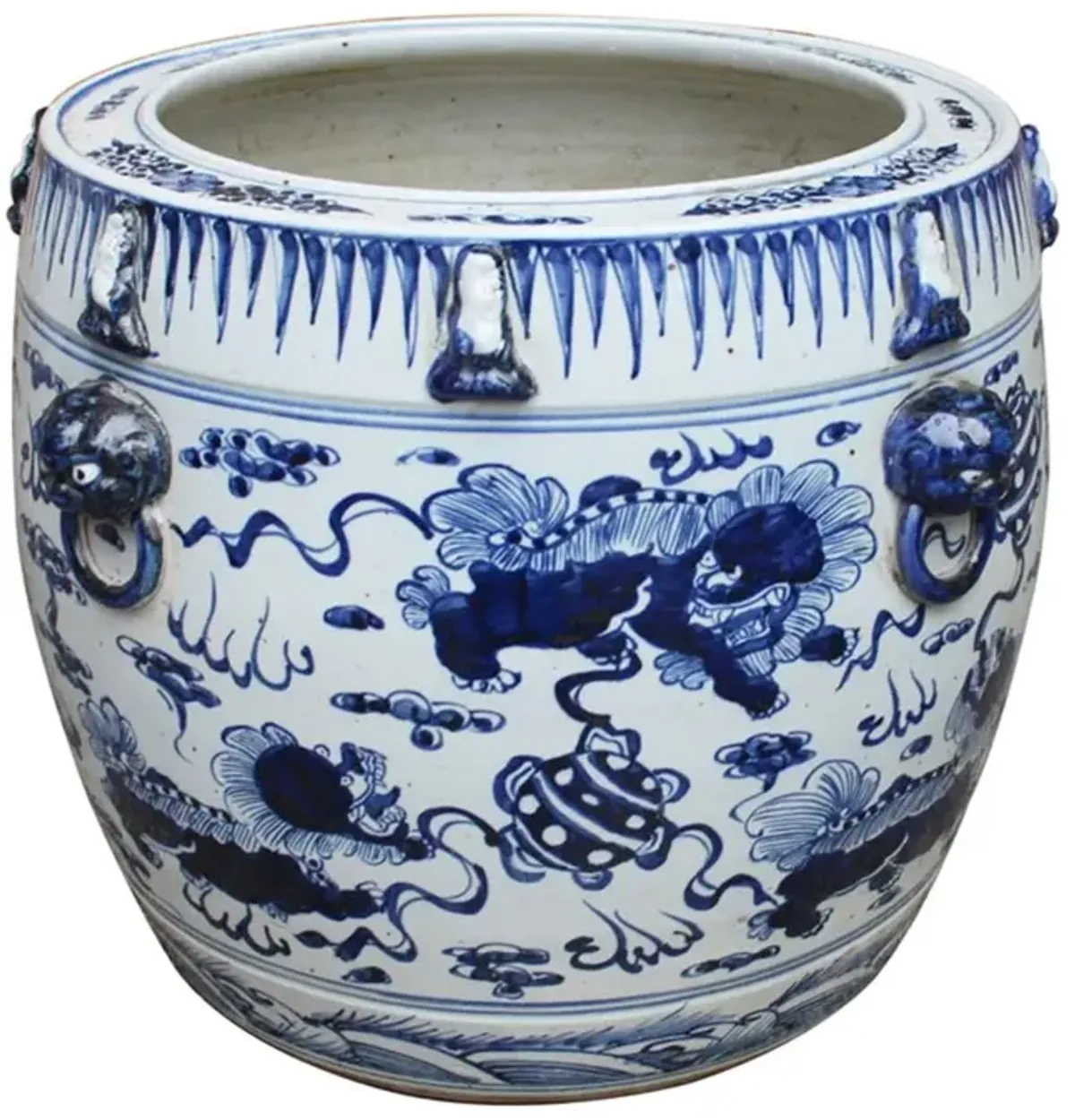 Tallie Modern Classic Blue and White Porcelain Lion Drum Planter