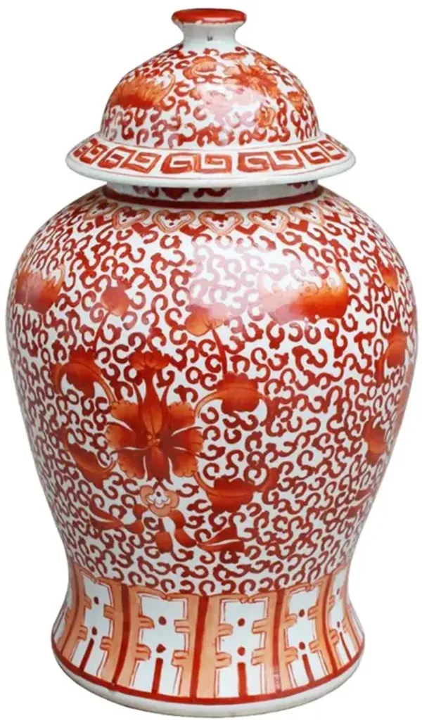 Zana French Country Coral Red Porcelain Twisted Lotus Temple Jar