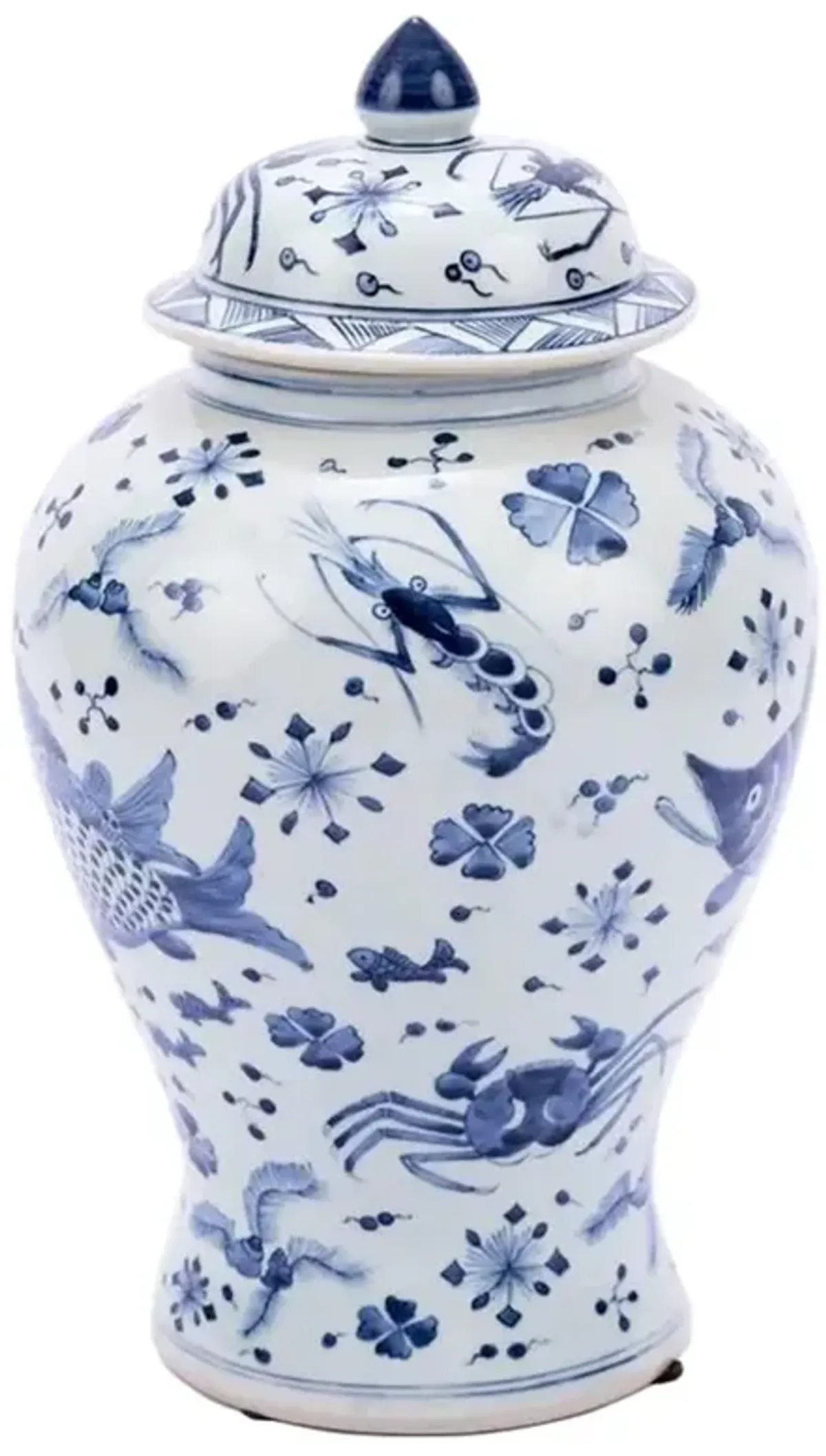 Aspen French Country Blue and White Porcelain Fish Shrimp Crab Ginger Jar