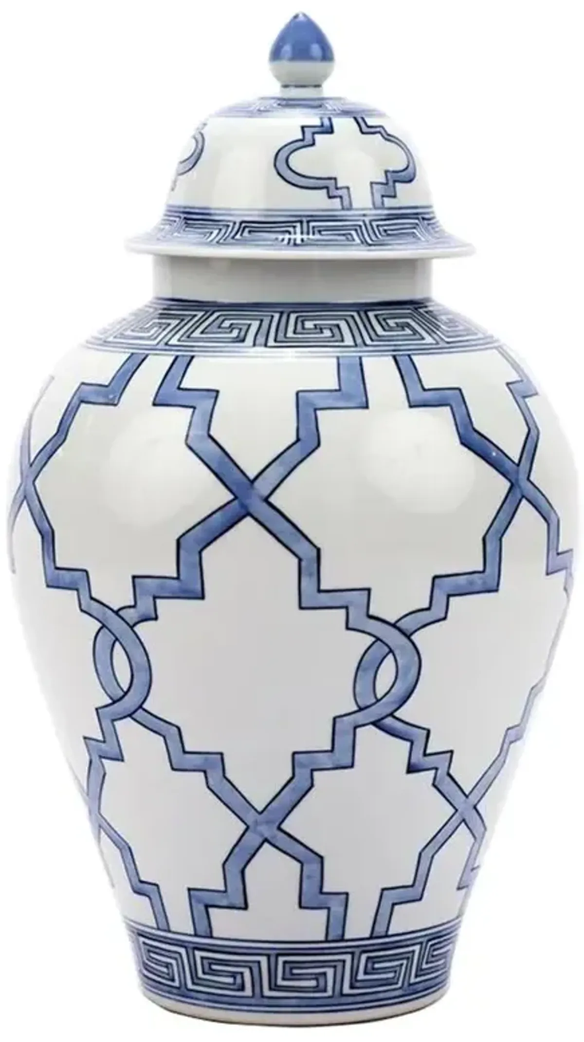 Turia French Country Blue and White Large 23in Porcelain Greek Grids Heaven Jar