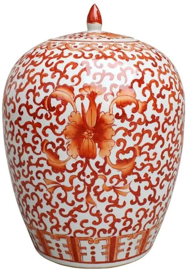Zana French Country Coral Red Porcelain Twisted Lotus Ginger Jar