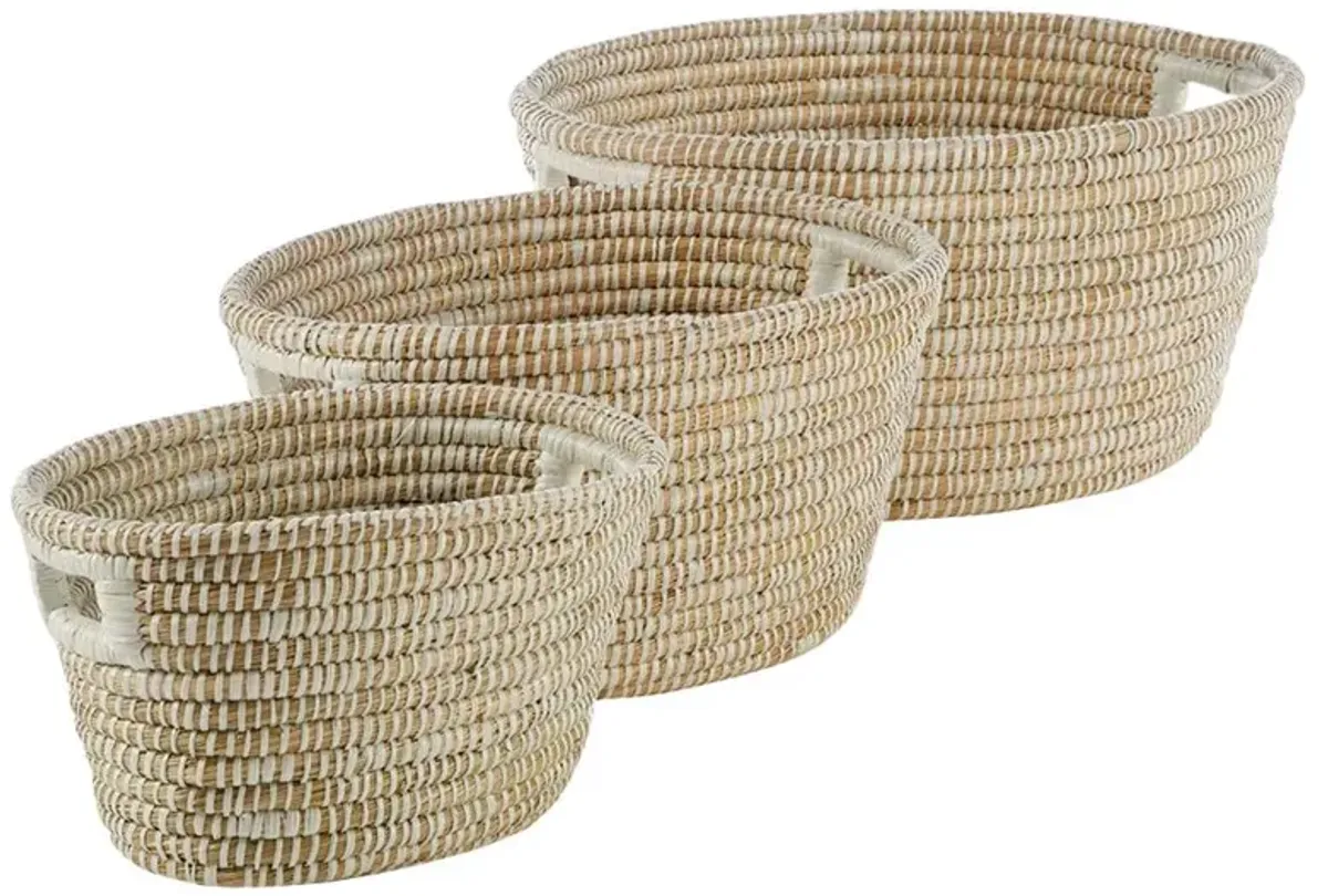 Maia French Country Hand-Woven Rivergrass Oval Handled Baskets - Set of 3