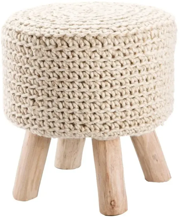 Susana Modern Round Beige Wool Upholstered Brown Wood Stool
