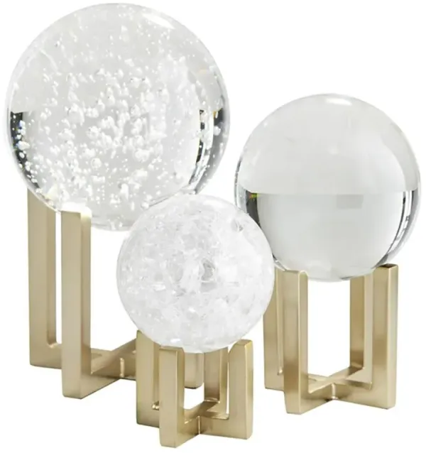 Macarthur Hollywood Regency Crystal Gold Brass Globe Sculpture - Set of 3
