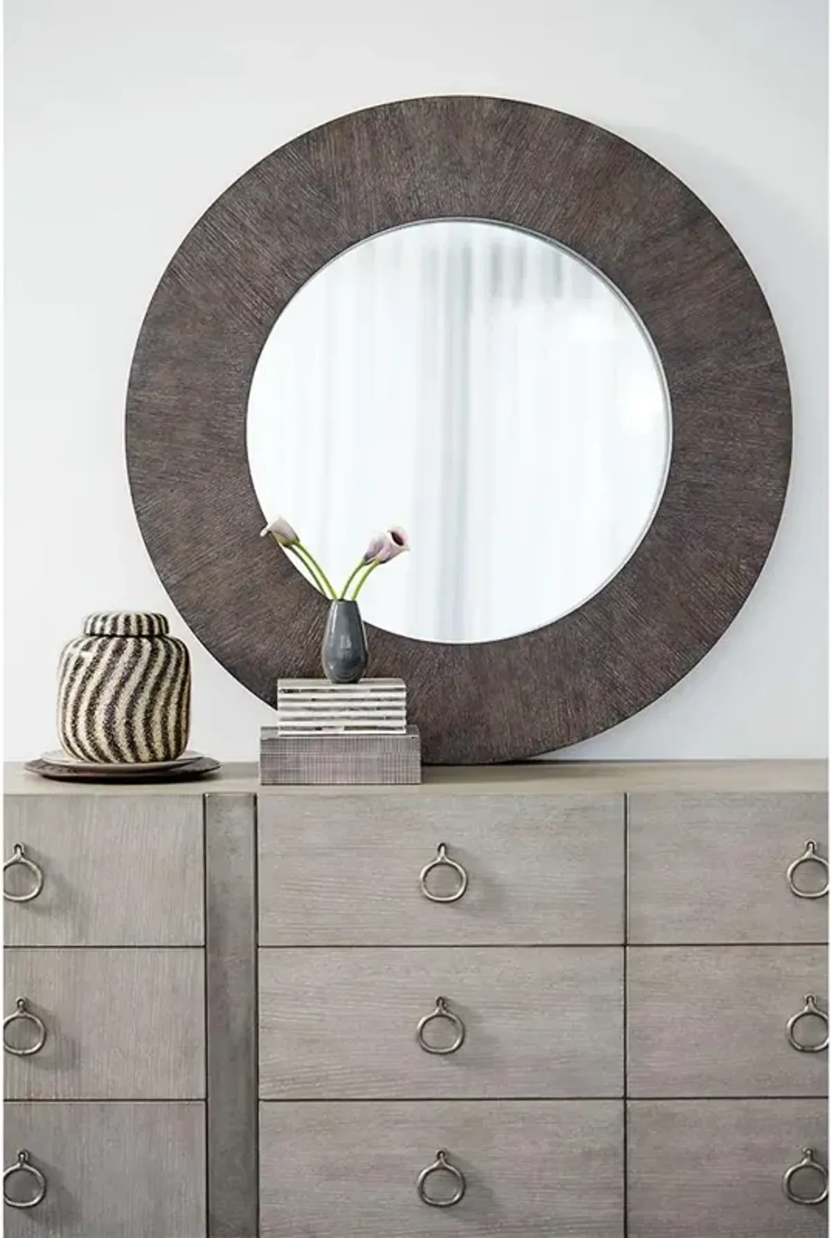 Landon Modern Masculine Charcoal Brown Wood Round Wall Mirror