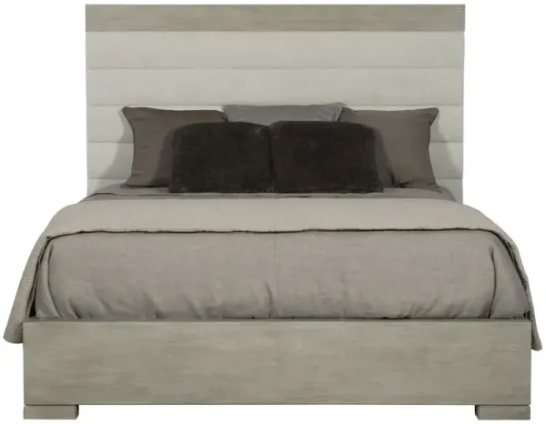 Landon Modern Masculine Beige Upholstered Channel Grey Wood Bed - King
