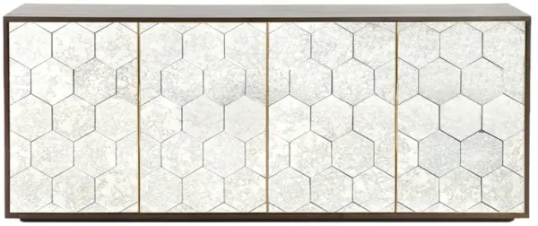 Earl Modern Honeycomb Pattern Mirrored Door Dark Walnut Wood Sideboard