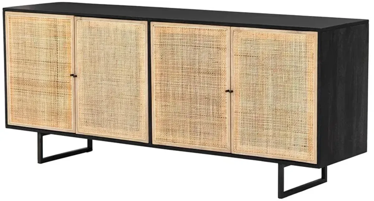Emilie Coastal Beach 4 Door Black Wash Mango Wood Cane Metal Legs Sideboard
