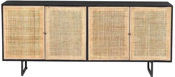 Emilie Coastal Beach 4 Door Black Wash Mango Wood Cane Metal Legs Sideboard