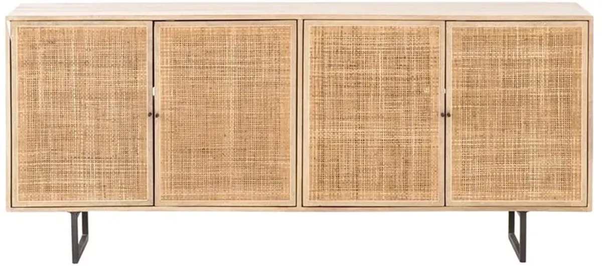 Emilie Coastal Beach 4 Door Natural Cane Mango Wood Metal Legs Sideboard