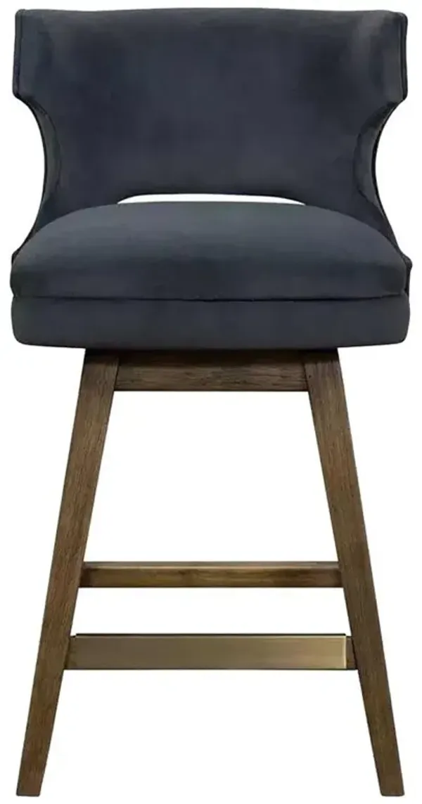 Liana Mid Century Blue Upholstered Velvet Brown Wood Wing Back Swivel Counter Stool