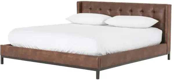 Nyla Modern Tufted Brown Faux Leather Low Headboard Platform Bed - King