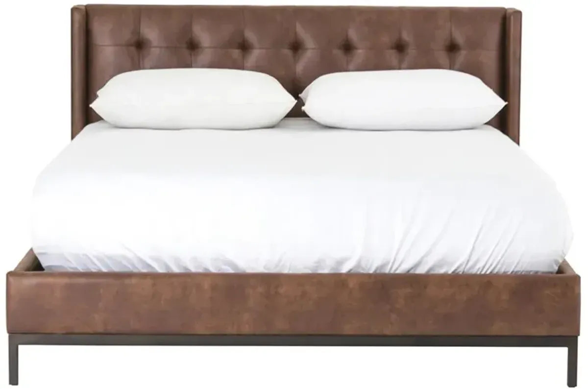 Nyla Modern Tufted Brown Faux Leather Low Headboard Platform Bed - Queen