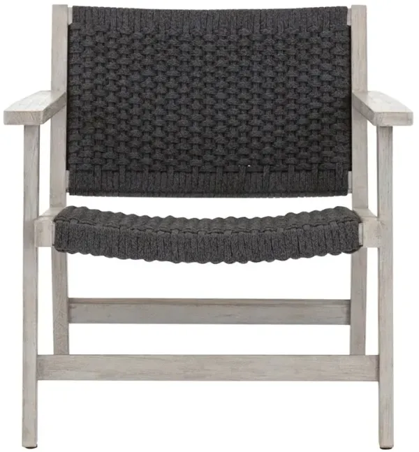 Dion Coastal Beach Dark Grey Woven Rope Weathered Teak Wood Outdoor Arm Chair