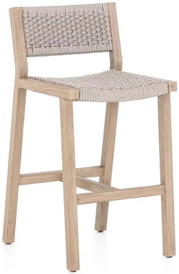 Dion Coastal Beach Light Grey Woven Rope Washed Natural Teak Outdoor Bar Stool