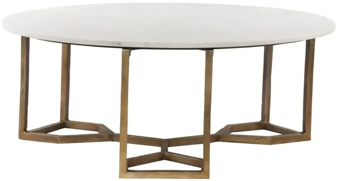 Zia Regency Geometric Gold Frame Round White Marble Top Round Coffee Table