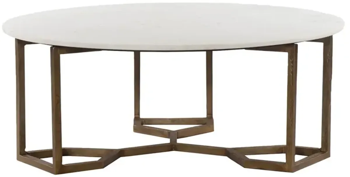 Zia Regency Geometric Gold Frame Round White Marble Top Round Coffee Table