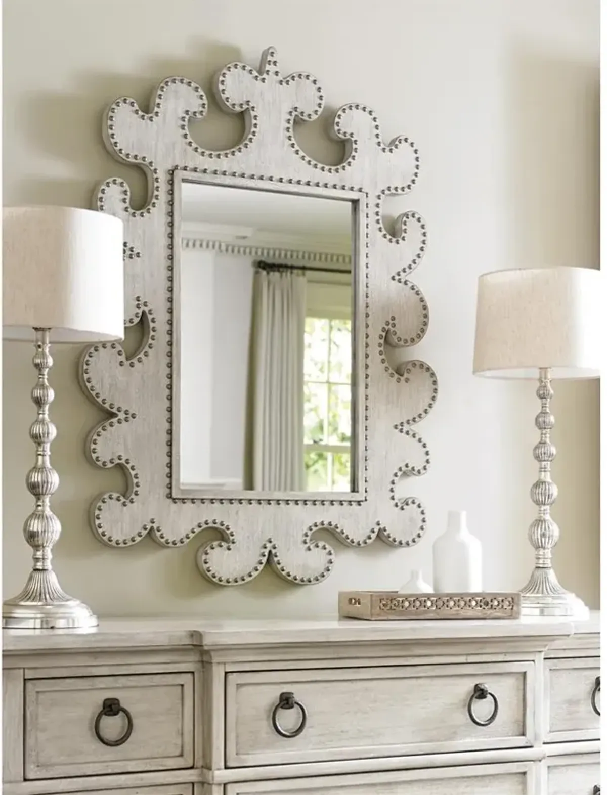 Hempstead Modern Grey Wood Nailhead Trimmed Wall Mounted Mirror
