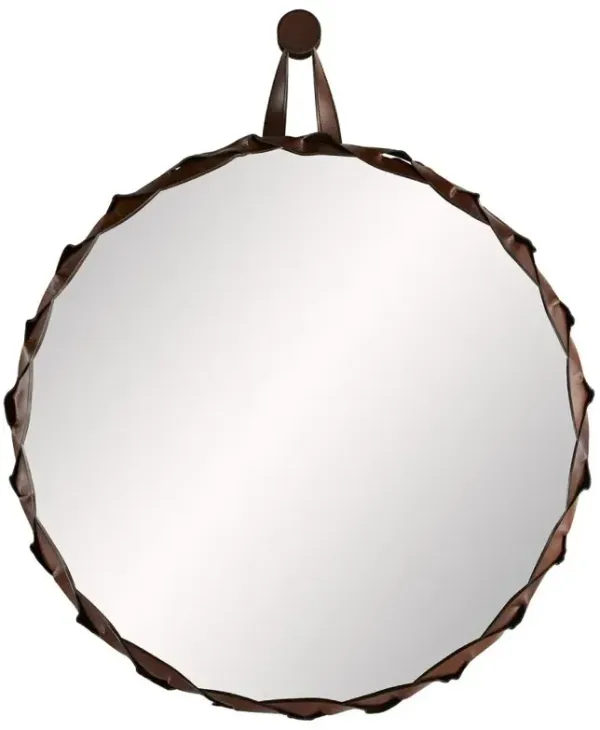 Powell Modern Brown Leather Loop Round Wall Mirror Large